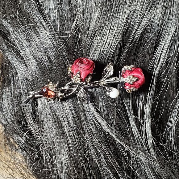 Deep Red Petite Silk Roses Hair Barrette - Hair Clip with Pearl & Garnet Crystal - Picture 6 of 9